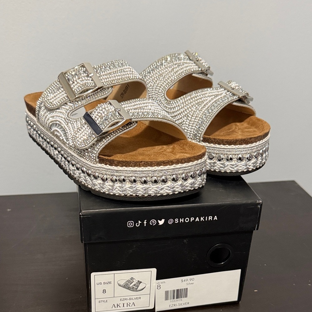 NIB AKIRA Silver Rhinestone Platform Sandals